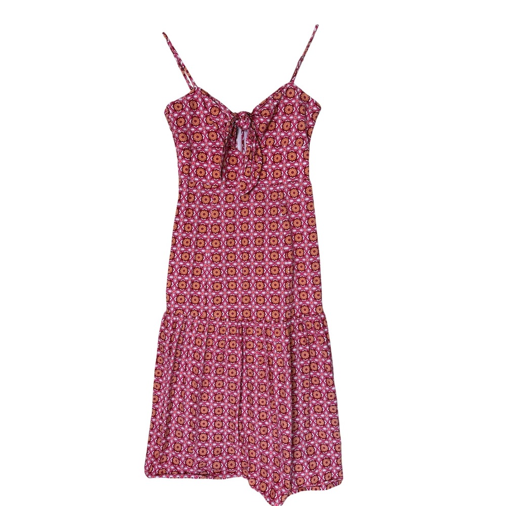 Minkpink Women Pink Orange Geometric Floral‎ Tie Front Tiered Midi Dress Small